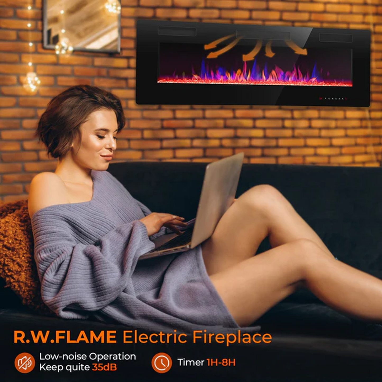 R.W.FLAME C3 Series 60" Black Ultra-Thin Recessed Wall-Mounted Electric Fireplace