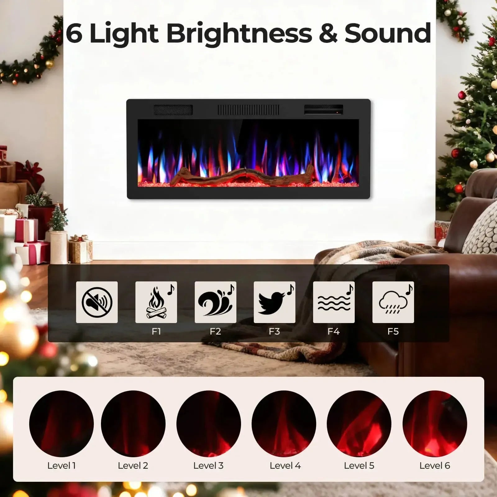 R.W.FLAME C6 Series 42" Black Recessed Wall-Mounted Alexa/WiFi Enabled APP Control Smart Electric Fireplace