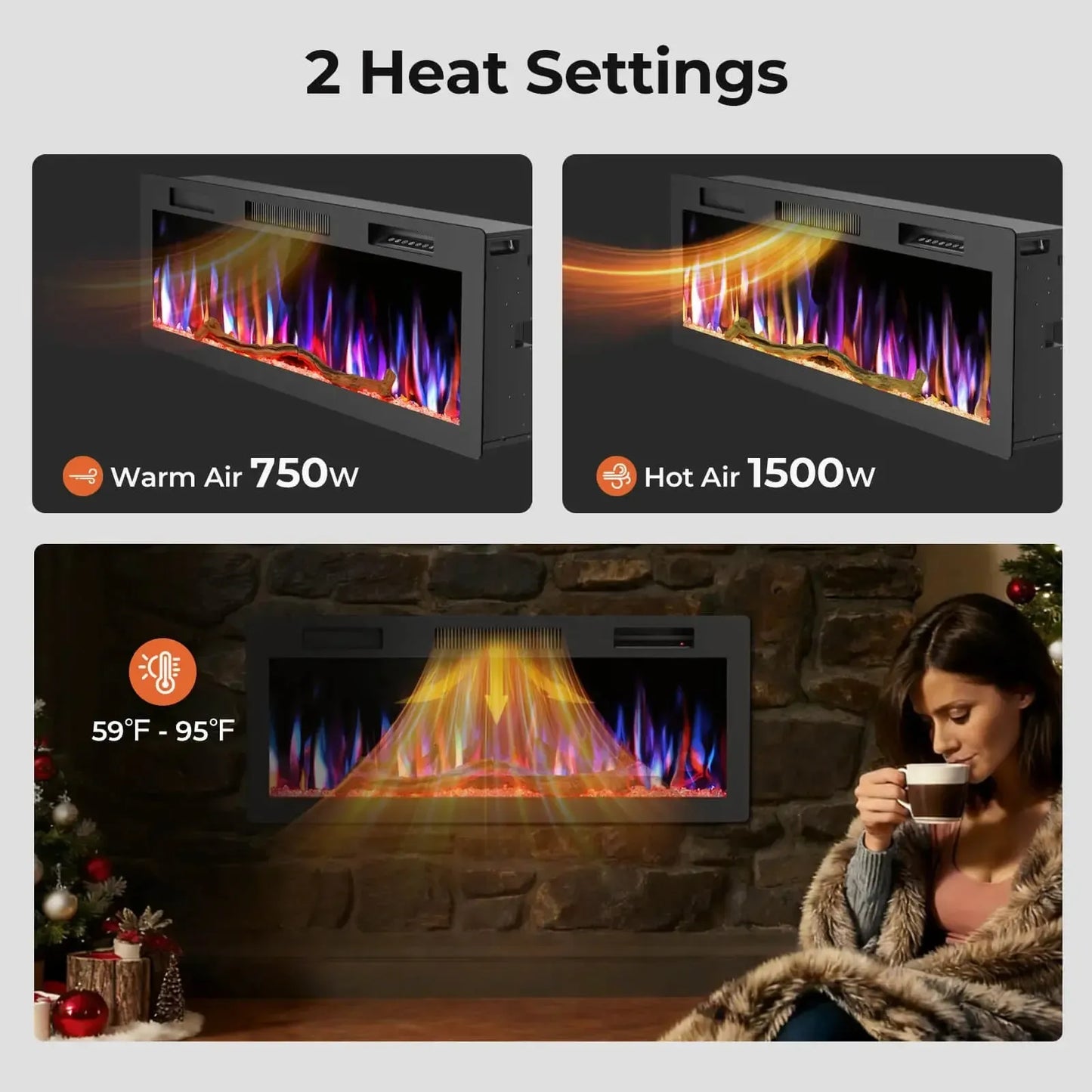 R.W.FLAME C6 Series 42" Black Recessed Wall-Mounted Alexa/WiFi Enabled APP Control Smart Electric Fireplace