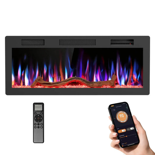 R.W.FLAME C6 Series 42" Black Recessed Wall-Mounted Alexa/WiFi Enabled APP Control Smart Electric Fireplace