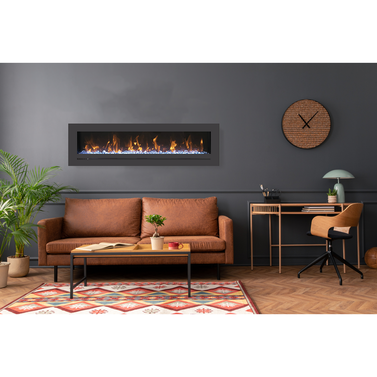 Sierra Flame by Amantii Wall Mount/Flush Mount 88" Electric Fireplace With Deep Charcoal Colored Steel Surround and Glass Media