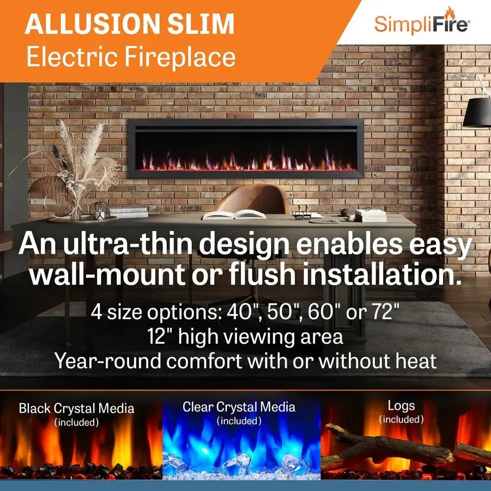 SimpliFire Allusion Slim 60" Linear Electric Recessed Fireplace
