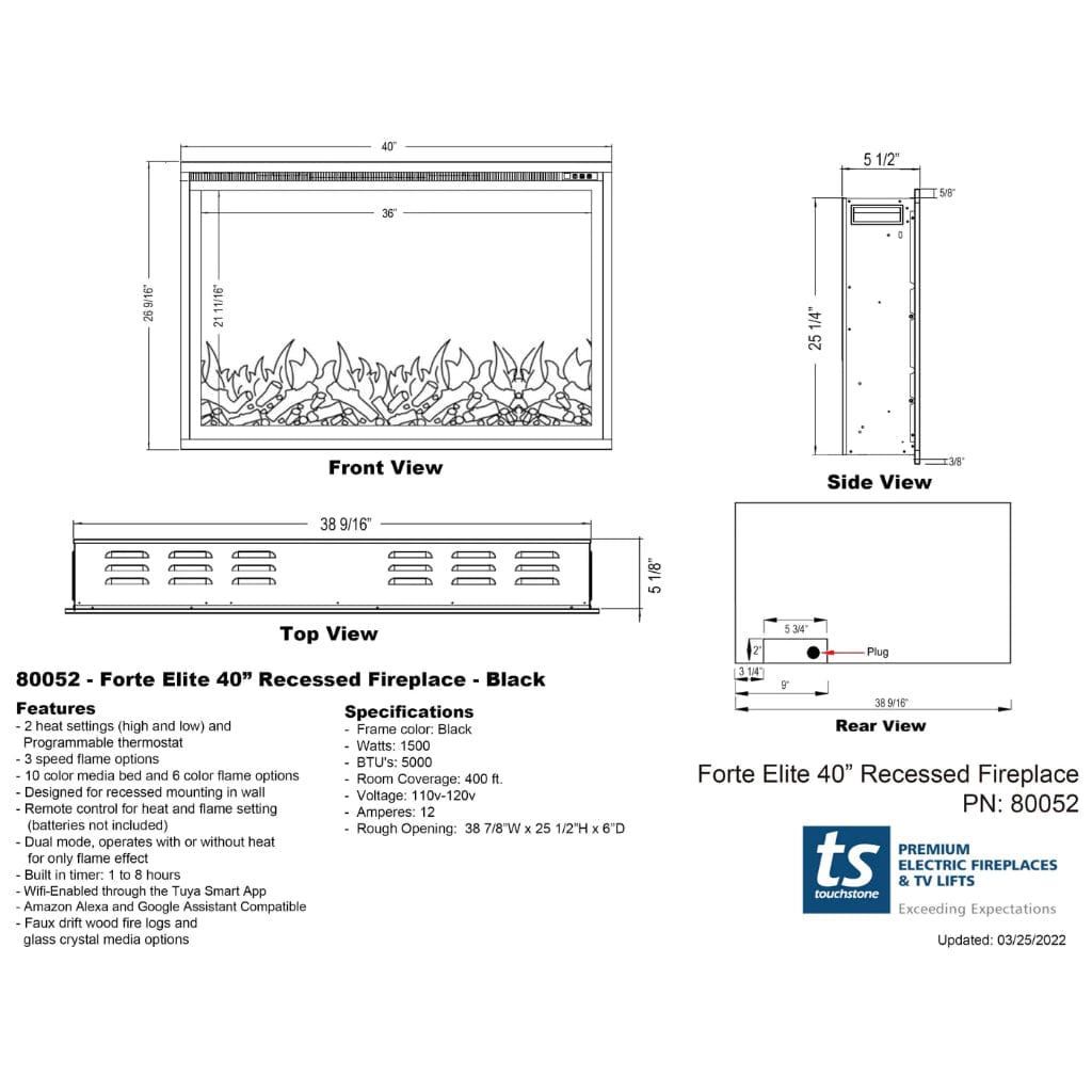 Touchstone Sideline Elite Smart Forte 40" WiFi-Enabled Recessed Electric Fireplace (Alexa/Google Compatible)